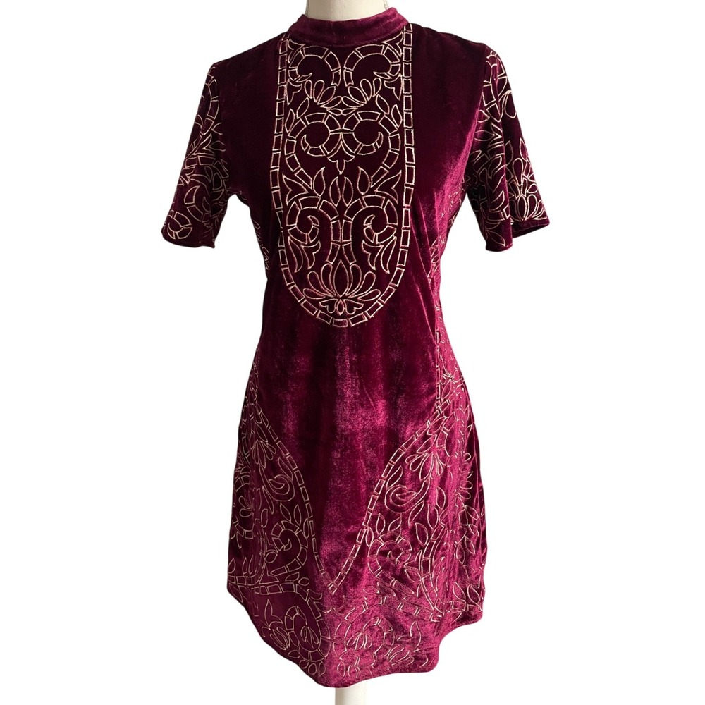 Chelsea & Violet Velvet Embroidered Mock Neck Mini Dress Women's XS